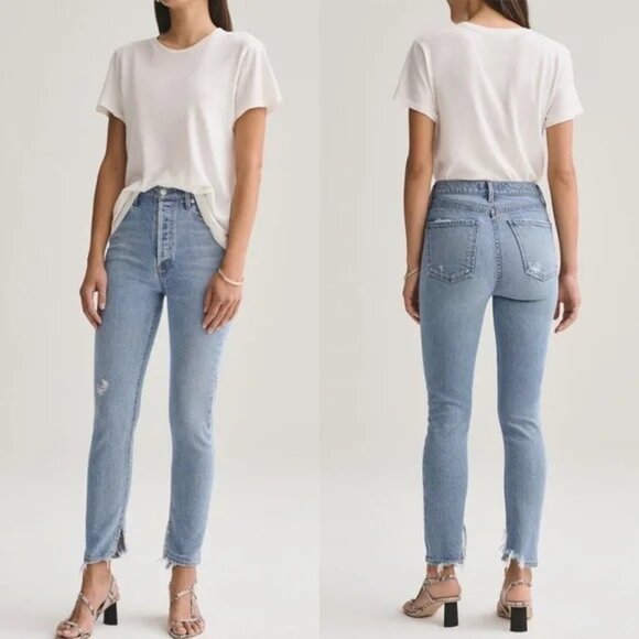 Agolde Denim - Agolde Womens Nico High Rise Raw Edge Distressed Slim Button Fly Jeans Size 27
